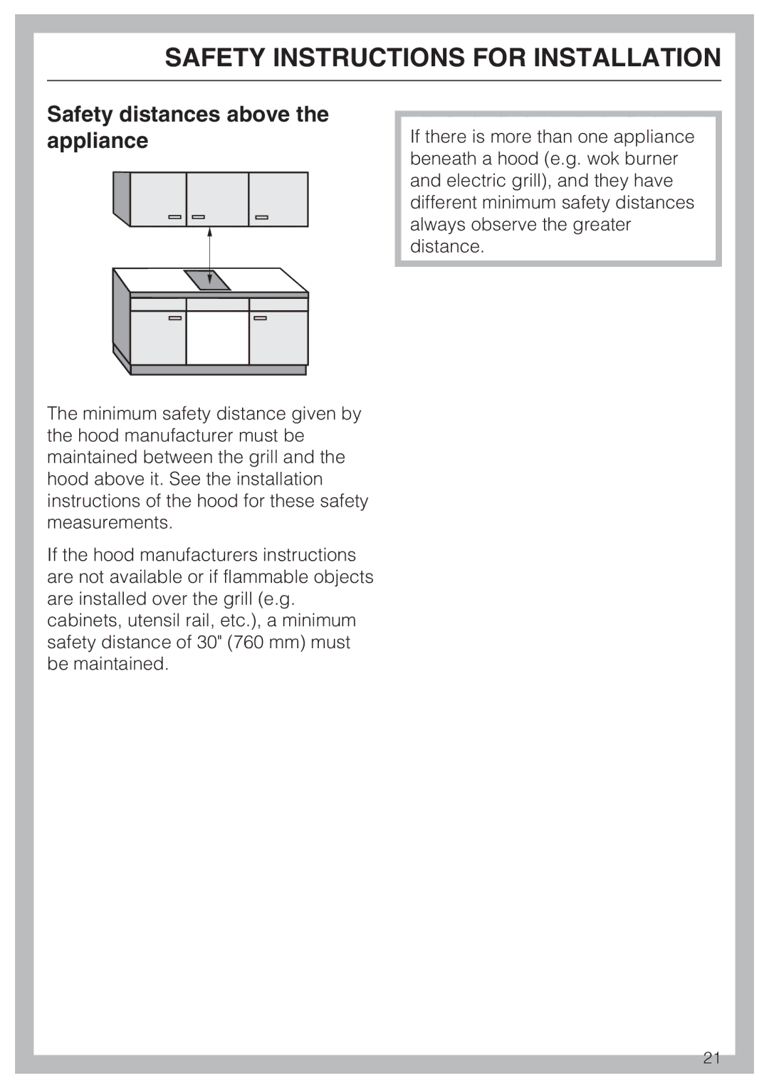 Miele CS 1322 installation instructions Safety distances above the appliance 