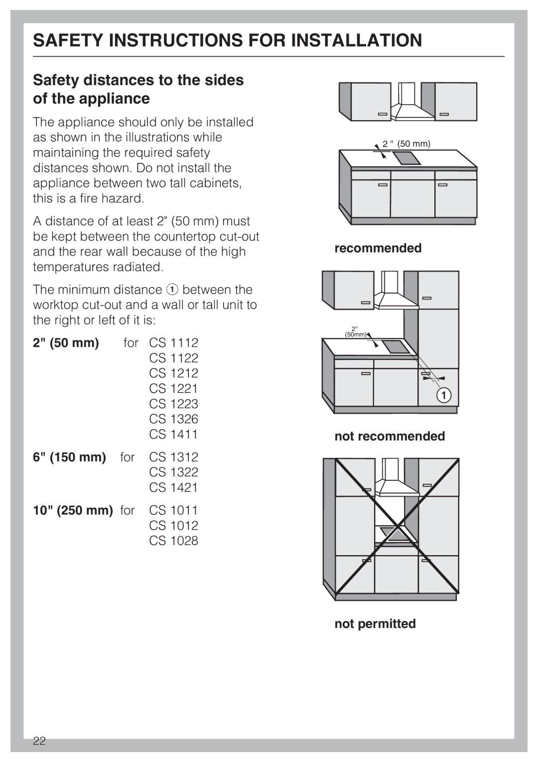 Miele CS 1322 installation instructions Safety distances to the sides of the appliance 