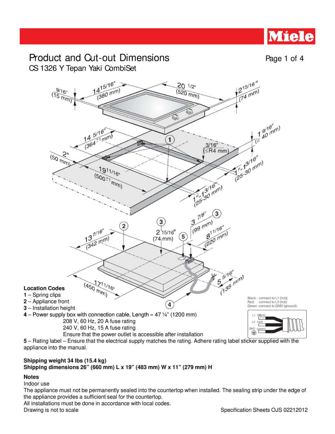 Miele CS 1326 Y dimensions Product and Cut-out Dimensions, Location Codes 1 Spring clips 