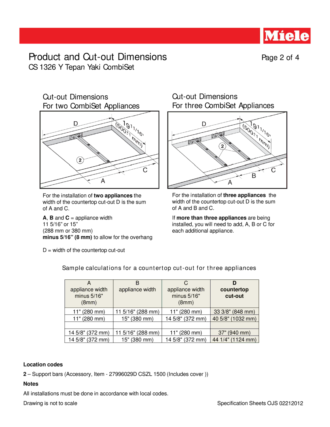 Miele CS 1326 Y dimensions Countertop, Cut-out, Location codes 