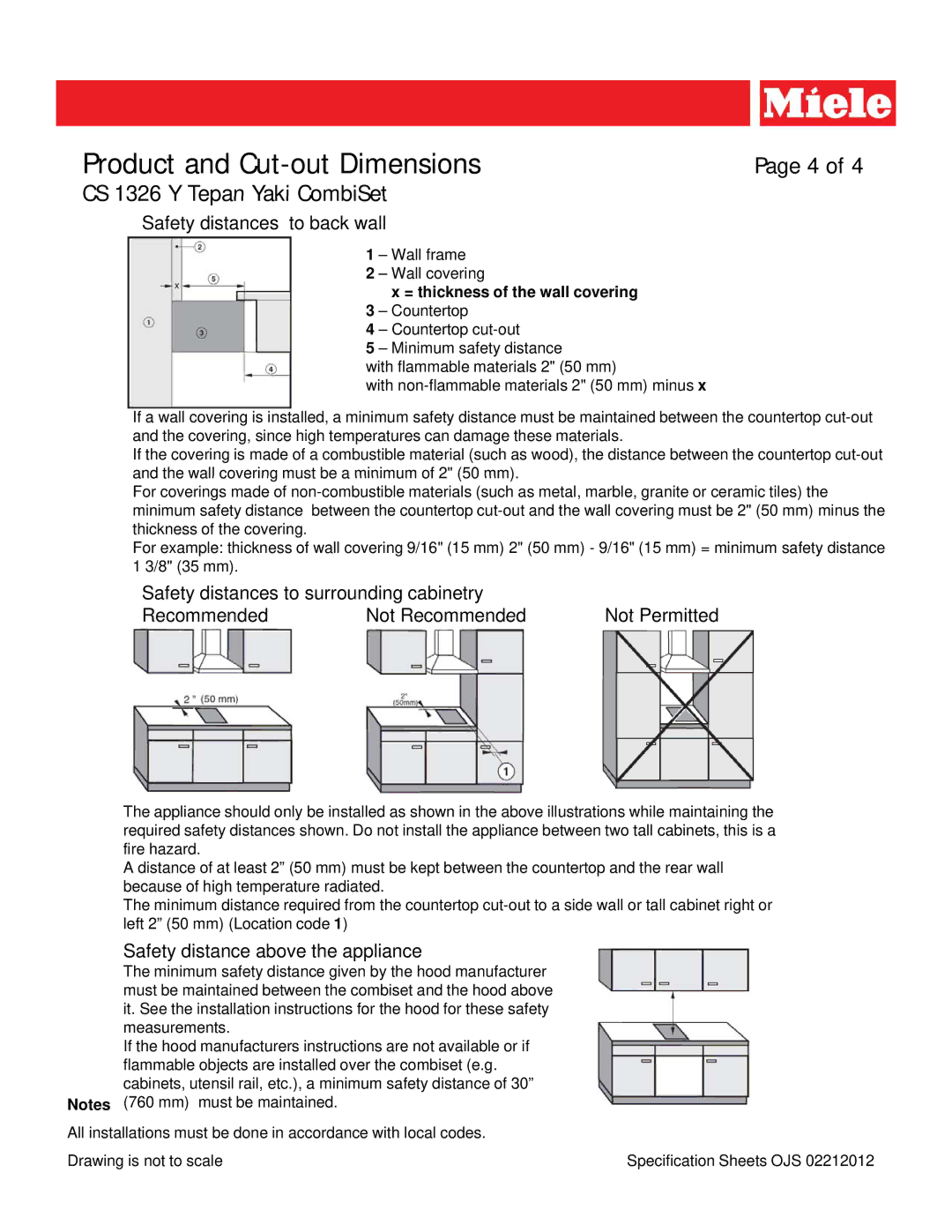 Miele CS 1326 Y dimensions Safety distances to back wall, = thickness of the wall covering 3 Countertop 