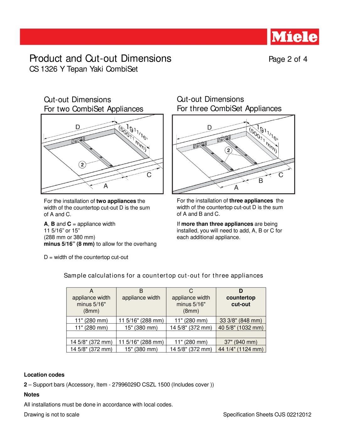 Miele CS 1326 Y Page 2 of, Cut-outDimensions, For two CombiSet Appliances, For three CombiSet Appliances, countertop 
