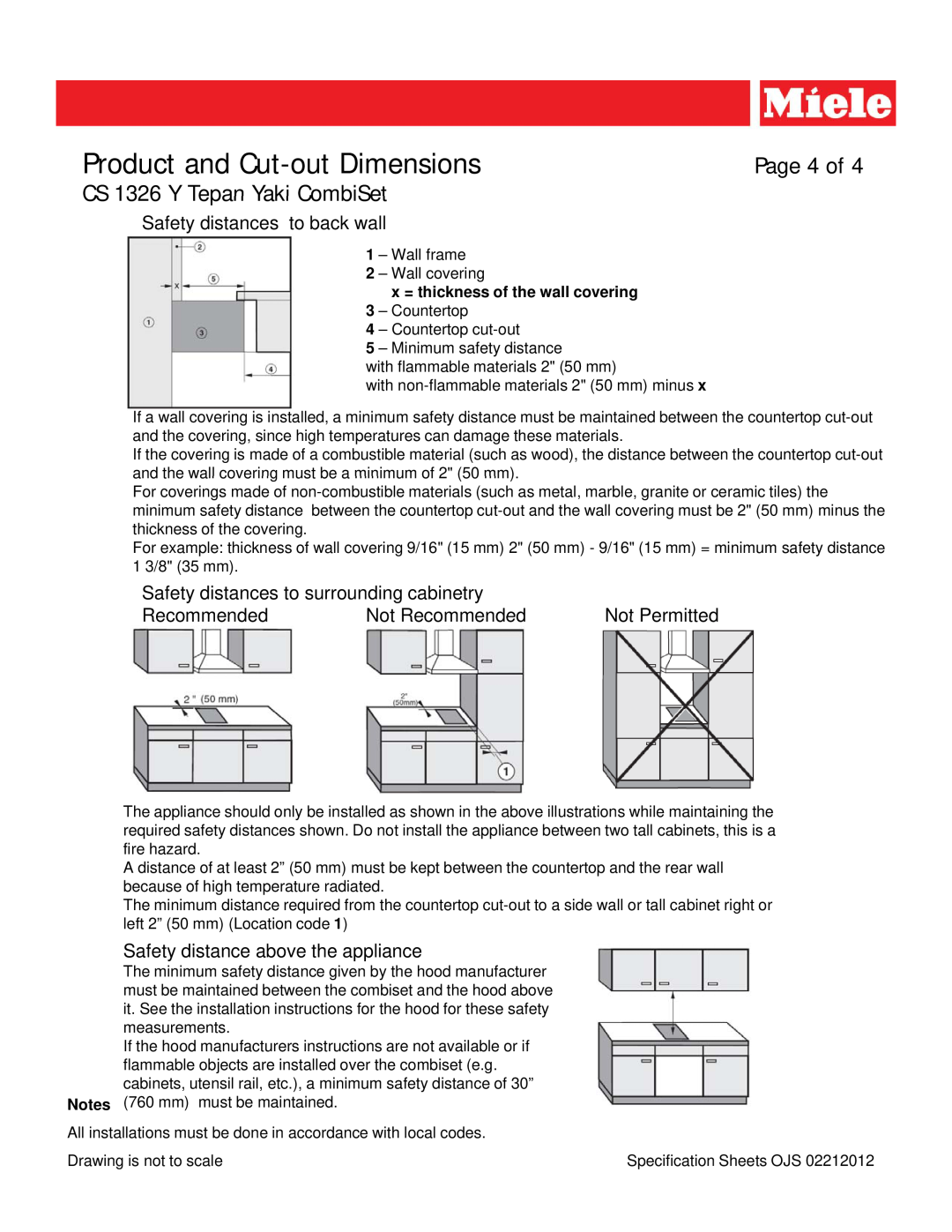 Miele CS 1326 Y x = thickness of the wall covering 3 - Countertop, Product and Cut-outDimensions, Page 4 of, Recommended 