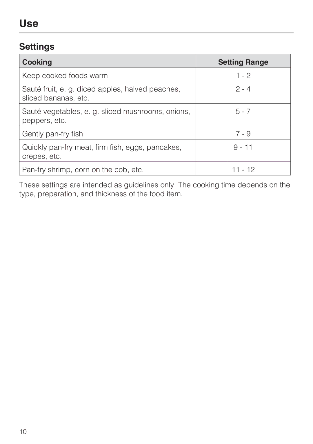 Miele CS 1327 installation instructions Settings, Cooking Setting Range 