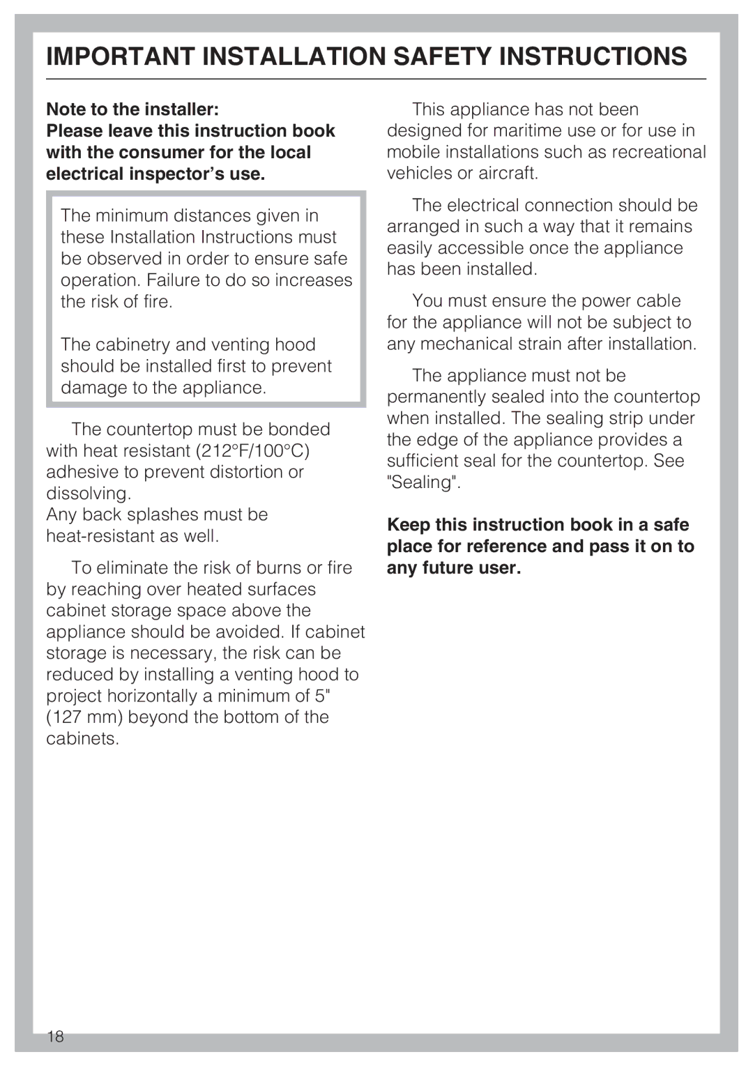 Miele CS 1327 installation instructions Important Installation Safety Instructions 