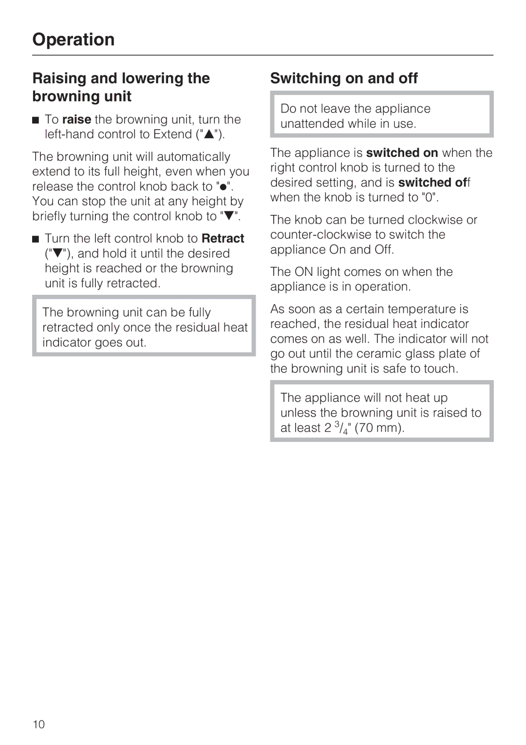 Miele CS 1421 installation instructions Operation, Raising and lowering the browning unit, Switching on and off 
