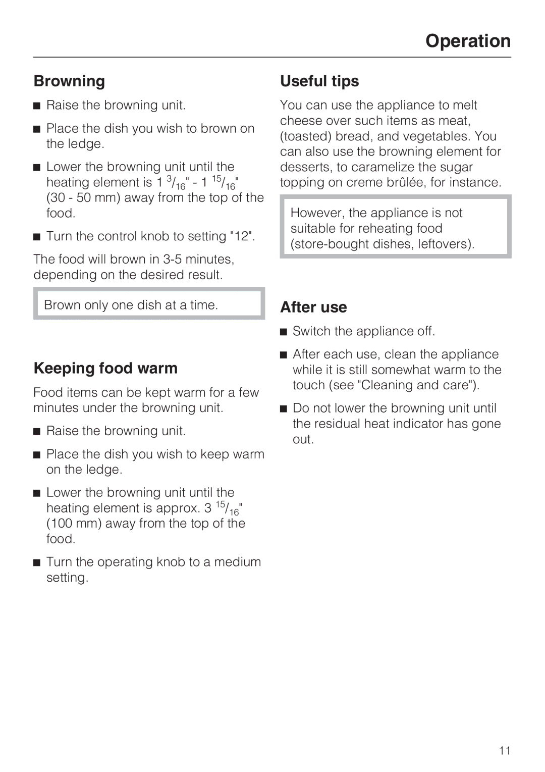 Miele CS 1421 installation instructions Browning, Useful tips, Keeping food warm, After use 