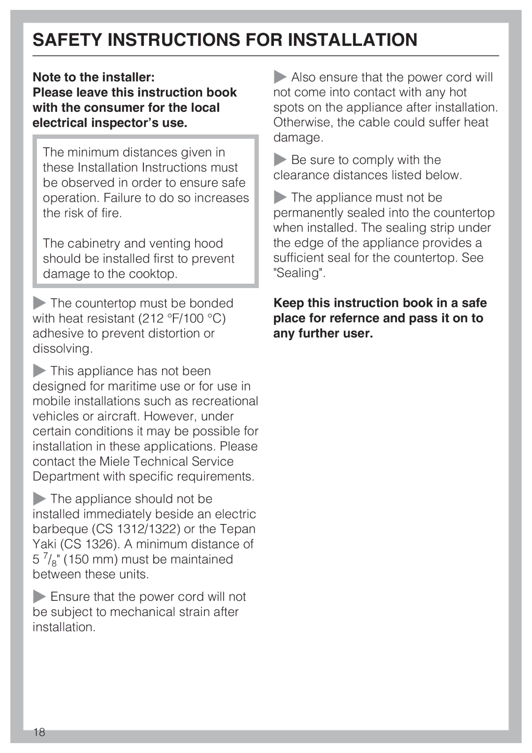 Miele CS 1421 installation instructions Safety Instructions for Installation 