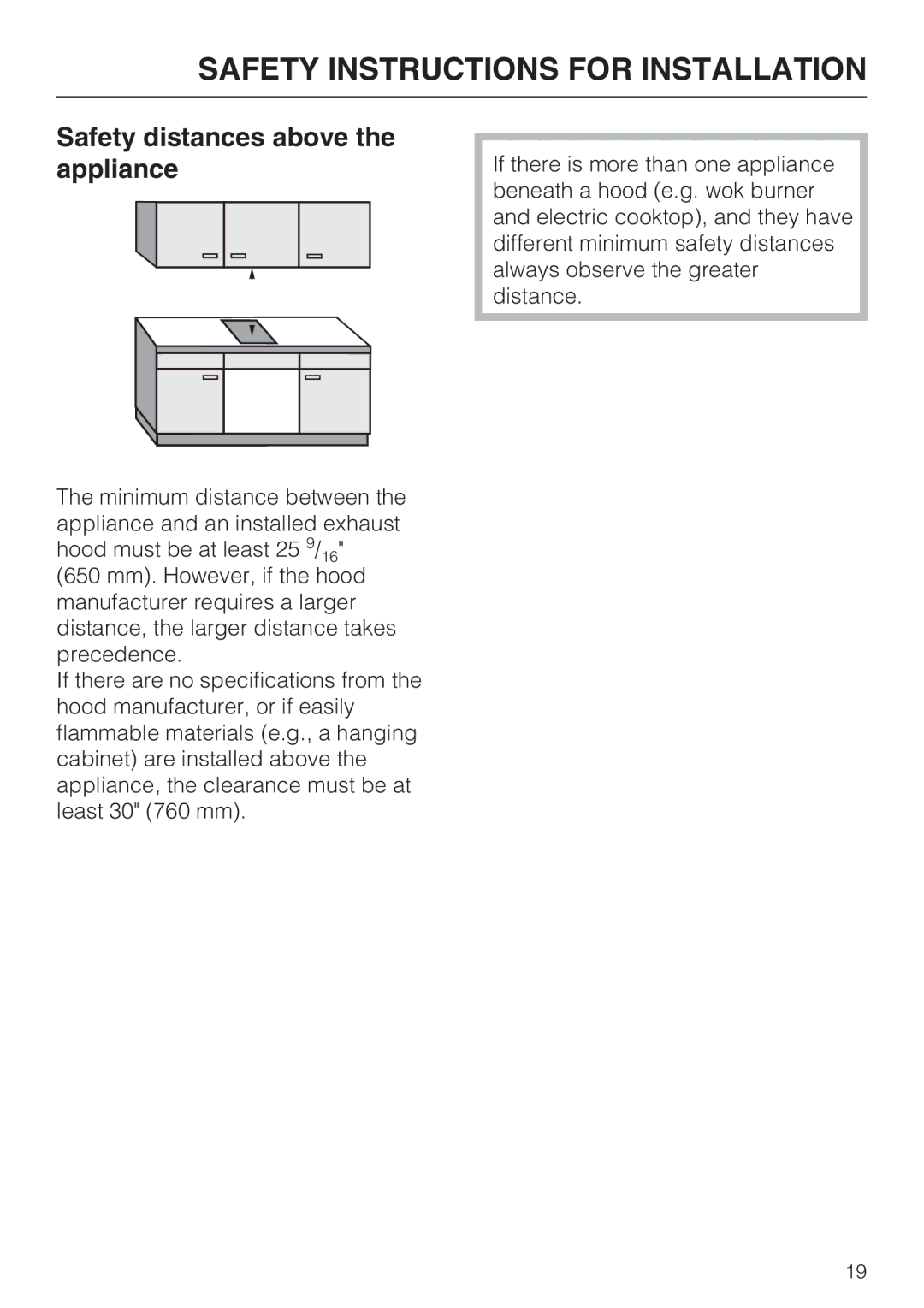 Miele CS 1421 installation instructions Safety distances above the appliance 