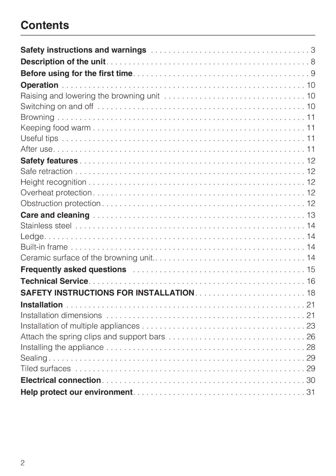 Miele CS 1421 installation instructions Contents 