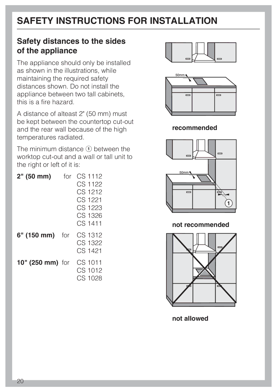 Miele CS 1421 installation instructions Safety distances to the sides of the appliance, 150 mm 