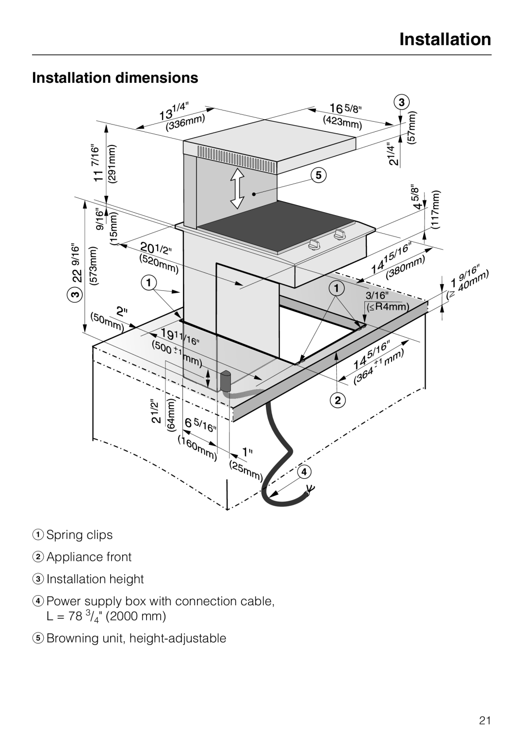 Miele CS 1421 installation instructions Installation dimensions 