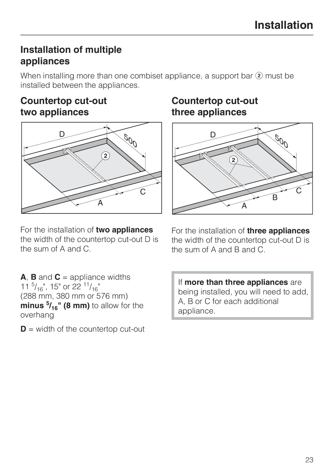 Miele CS 1421 Installation of multiple appliances, Countertop cut-out two appliances, Countertop cut-out three appliances 