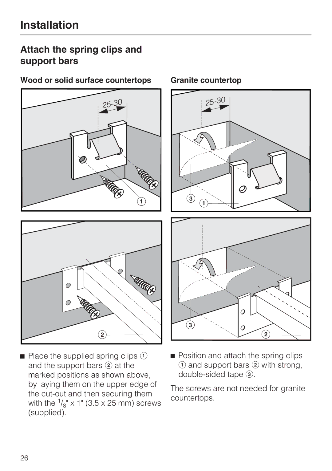 Miele CS 1421 Attach the spring clips and support bars, Wood or solid surface countertops Granite countertop 