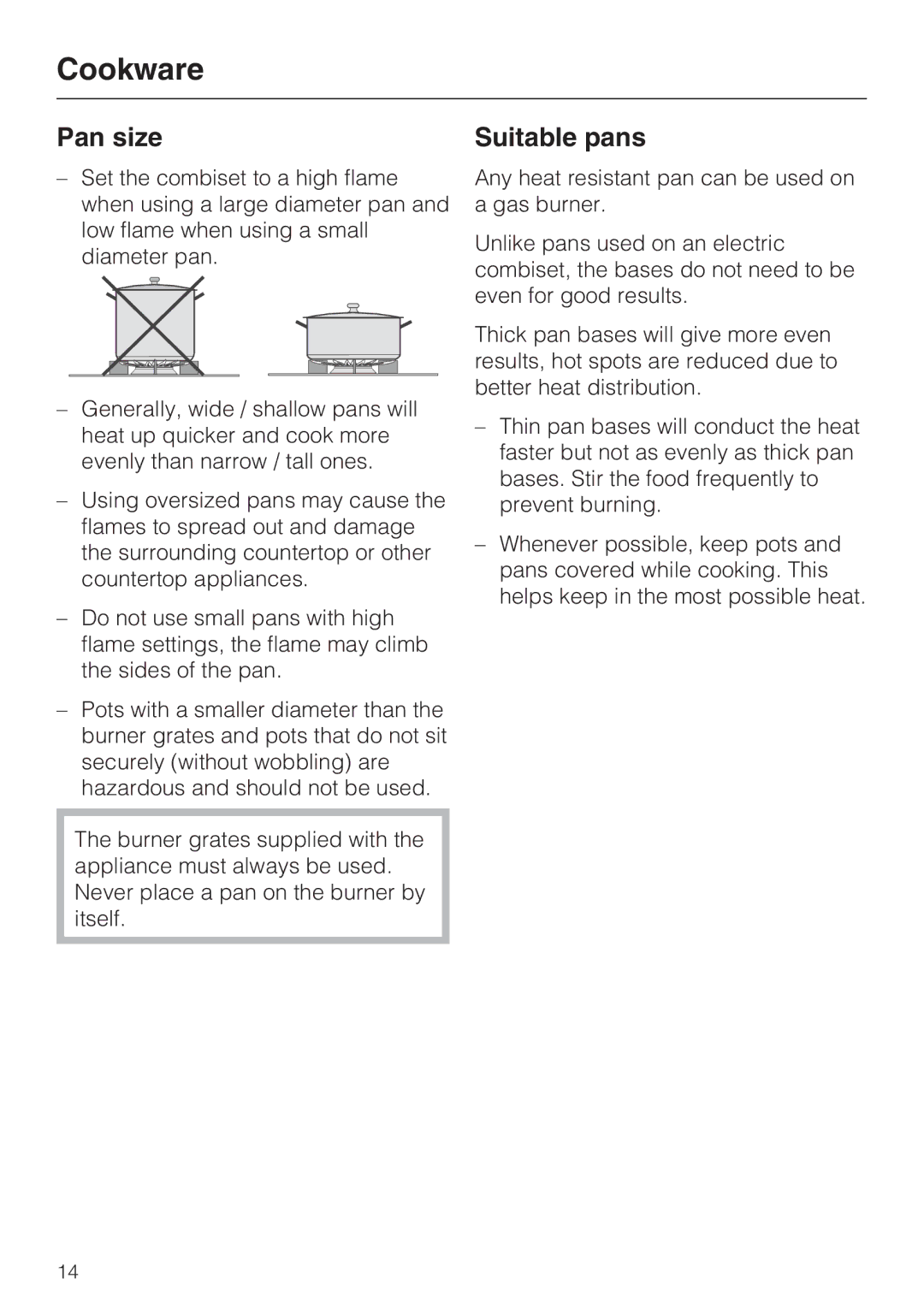 Miele CS1012 installation instructions Cookware, Pan size, Suitable pans 