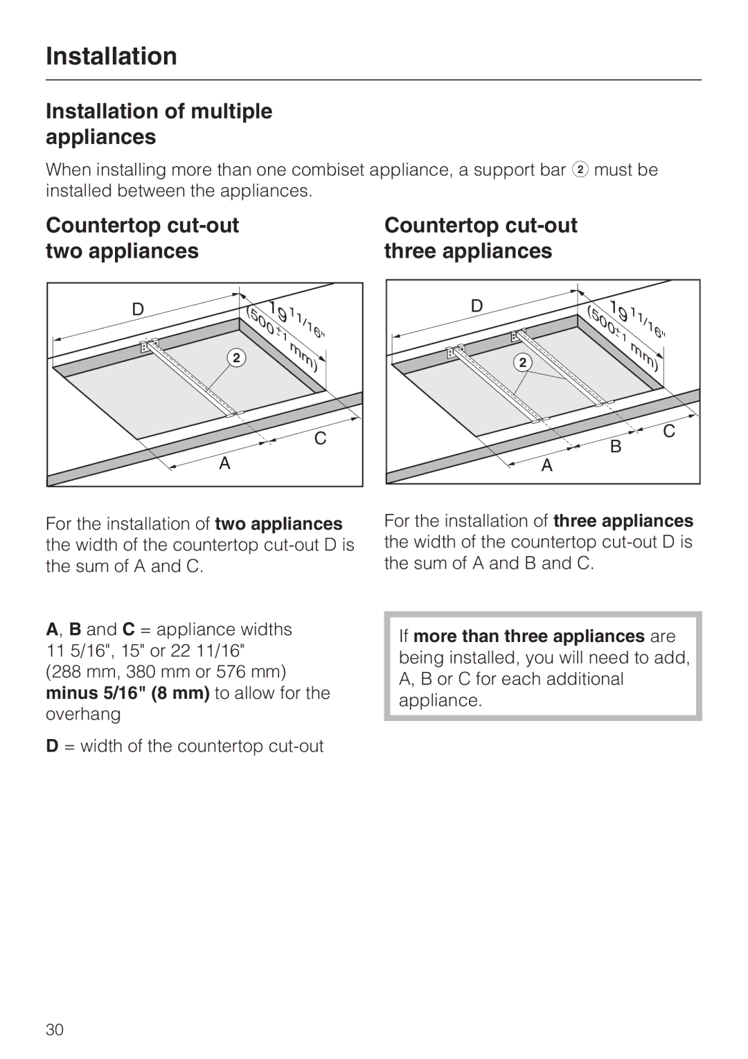 Miele CS1012 Installation of multiple appliances, Countertop cut-out, Two appliances Three appliances 