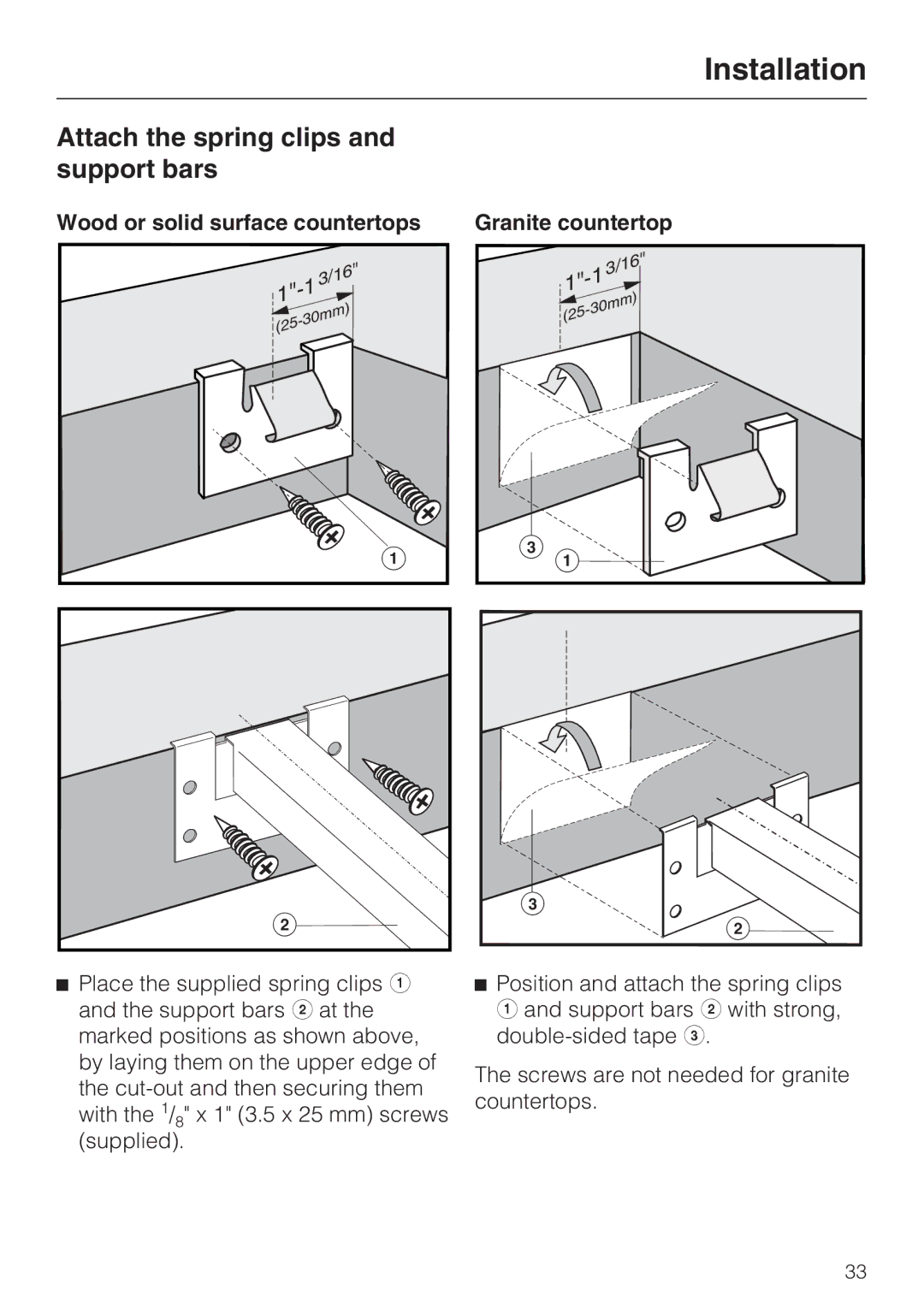 Miele CS1012 Attach the spring clips and support bars, Wood or solid surface countertops, Granite countertop 