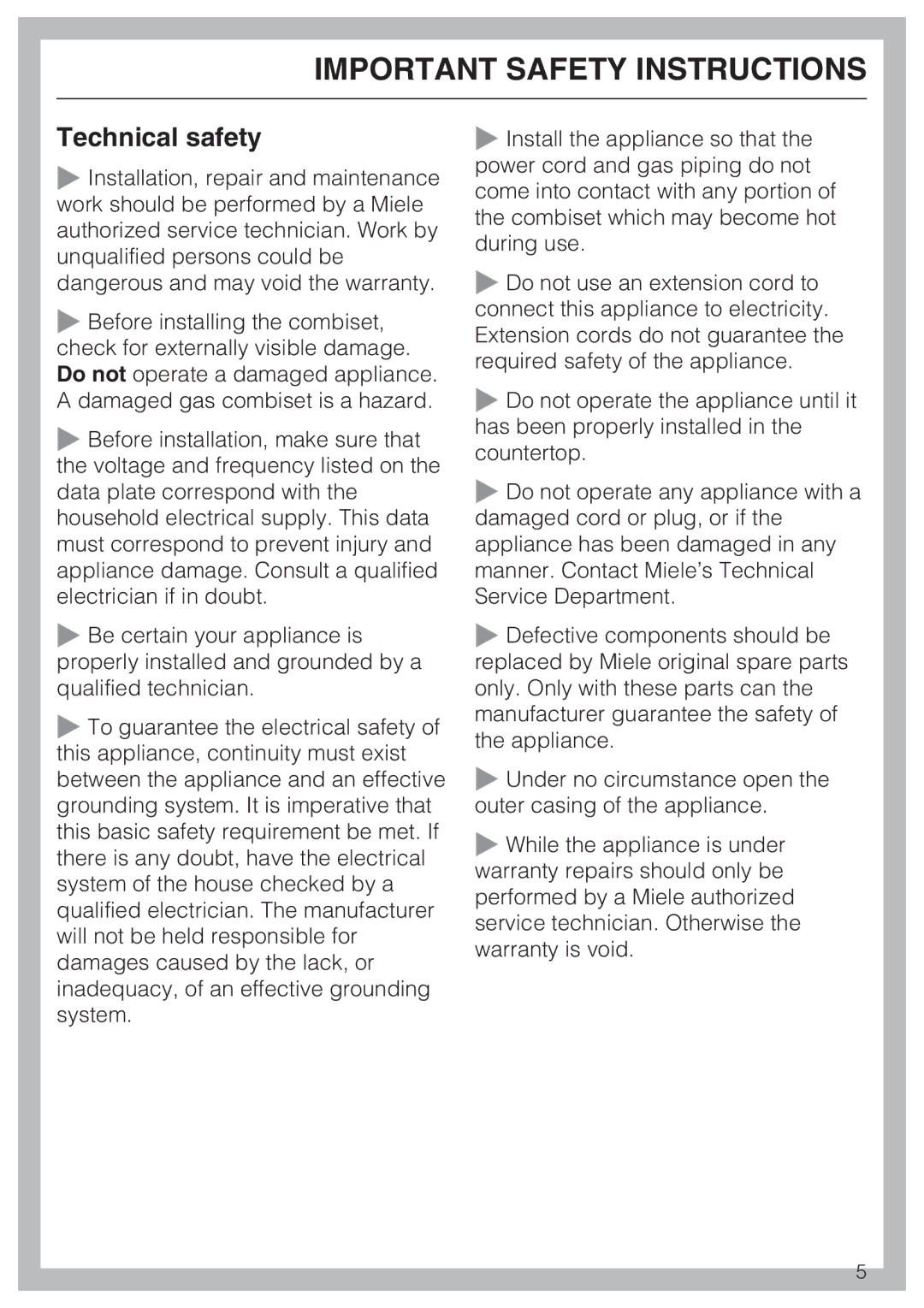 Miele CS1012 installation instructions Technical safety 