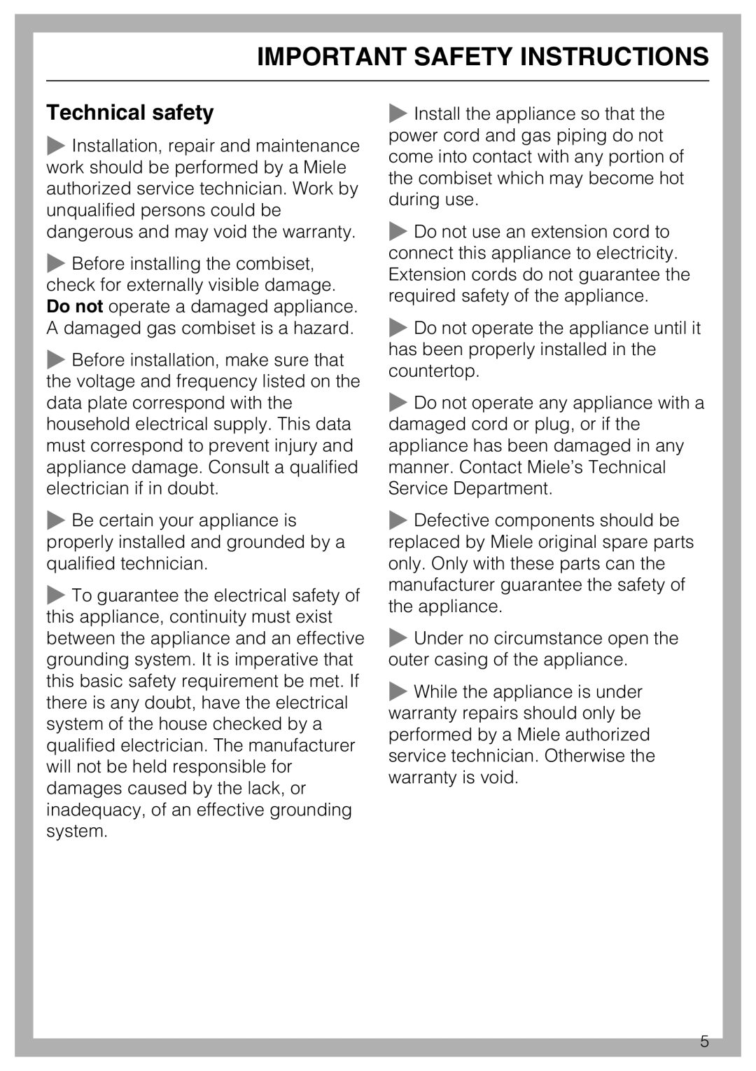 Miele CS1012 installation instructions Technical safety, Important Safety Instructions 