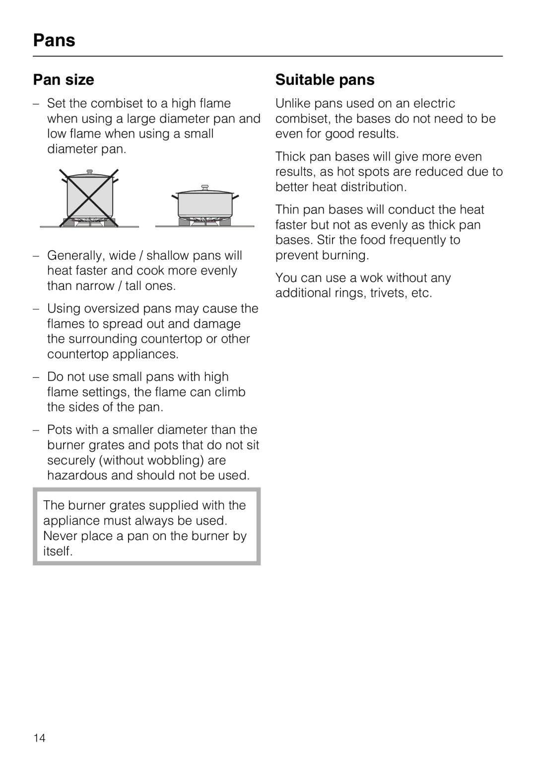 Miele CS1028 installation instructions Pans, Pan size, Suitable pans 