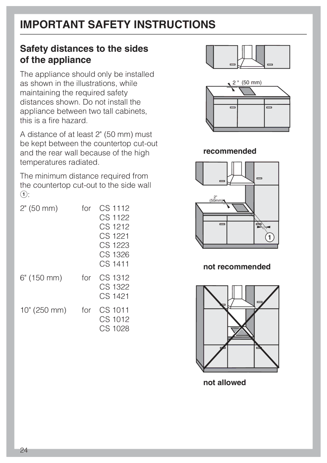 Miele CS1028 Safety distances to the sides of the appliance, Recommended, Not recommended Not allowed 