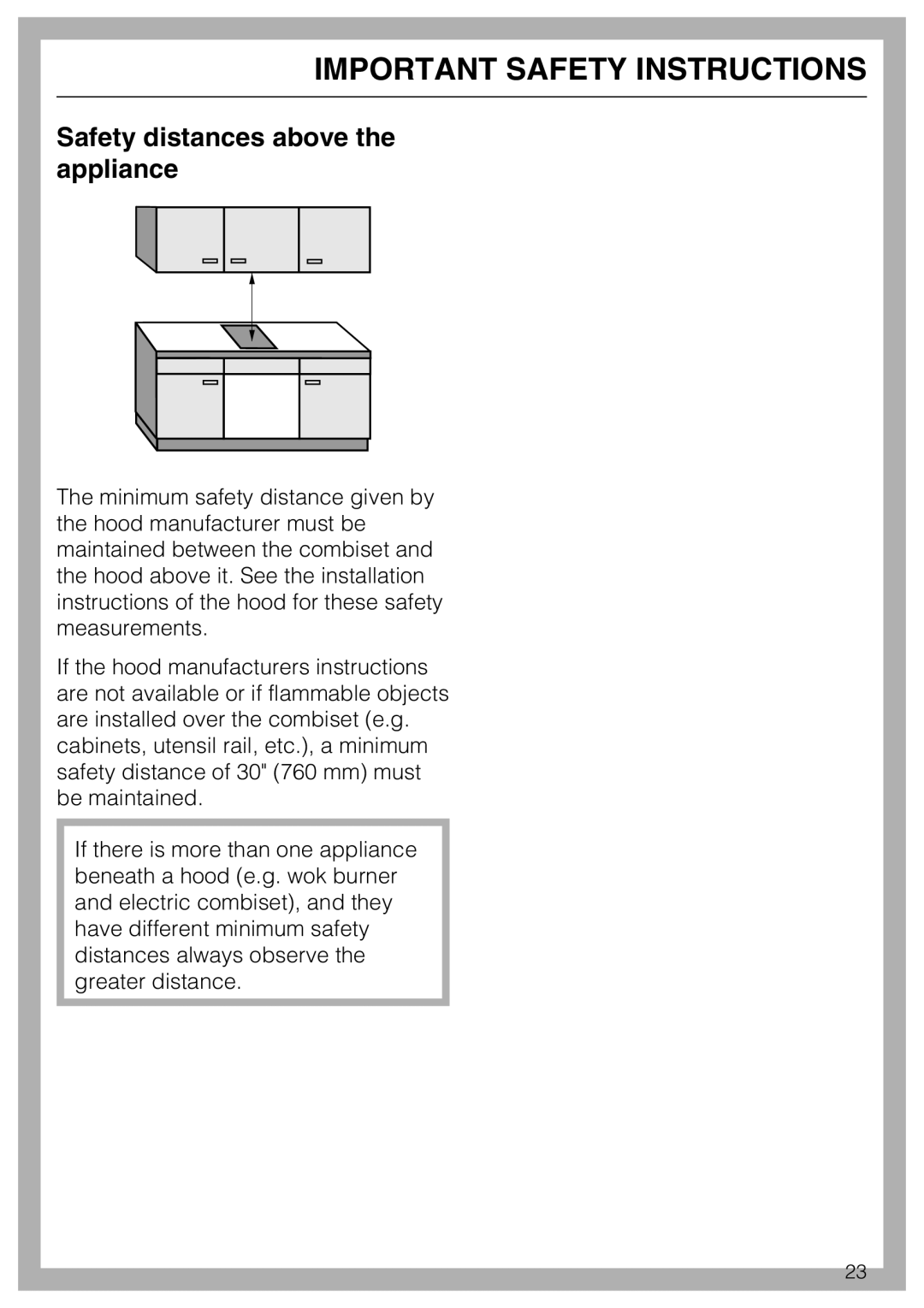 Miele CS1028 installation instructions Safety distances above the appliance, Important Safety Instructions 