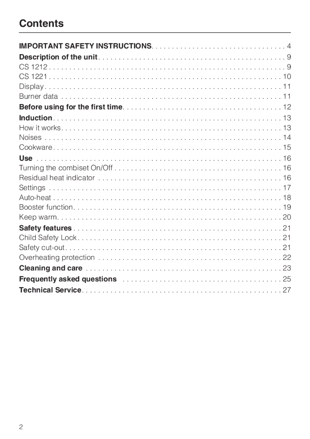 Miele CS1212 installation instructions Contents 