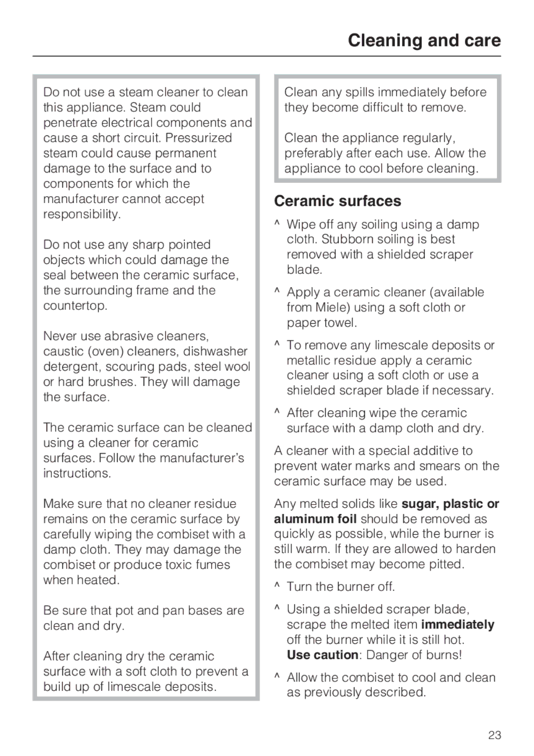 Miele CS1212 installation instructions Cleaning and care, Ceramic surfaces 