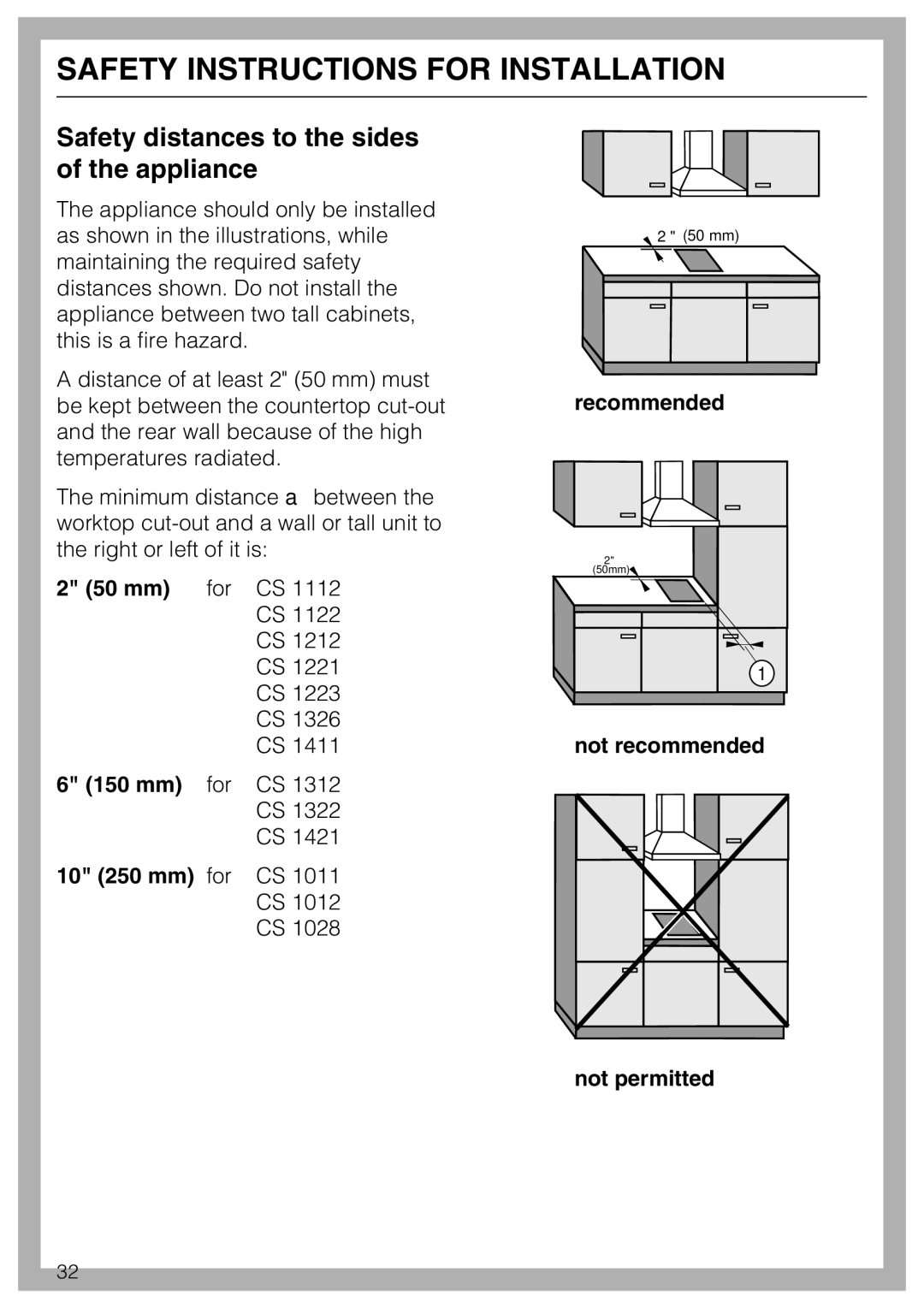 Miele CS1212 installation instructions Safety distances to the sides of the appliance 