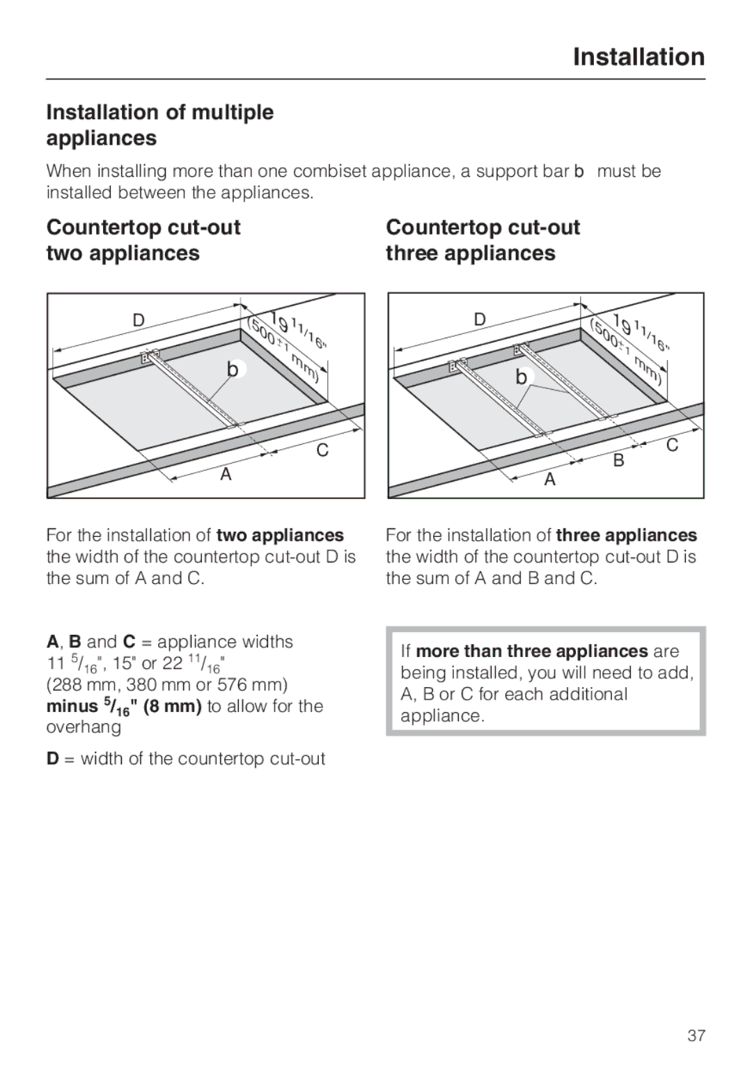 Miele CS1212 Installation of multiple appliances, Countertop cut-out, Two appliances Three appliances 