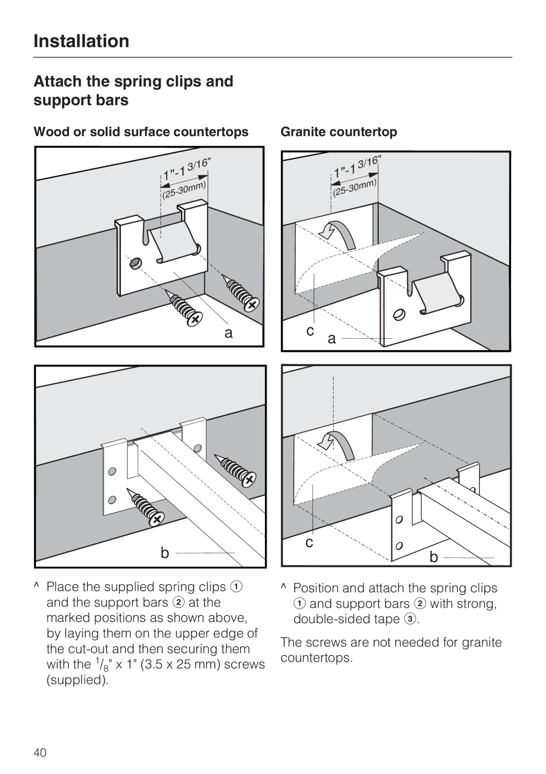 Miele CS1212 Attach the spring clips and support bars, Wood or solid surface countertops, Granite countertop 