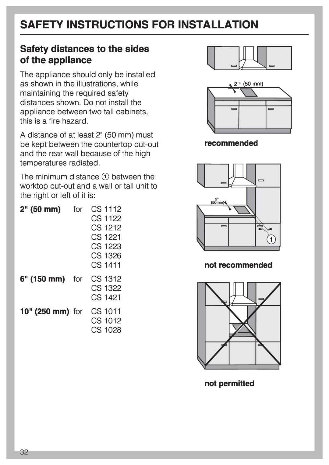 Miele CS1212 Safety distances to the sides of the appliance, Safety Instructions For Installation, 2 50 mm, 6 150 mm 