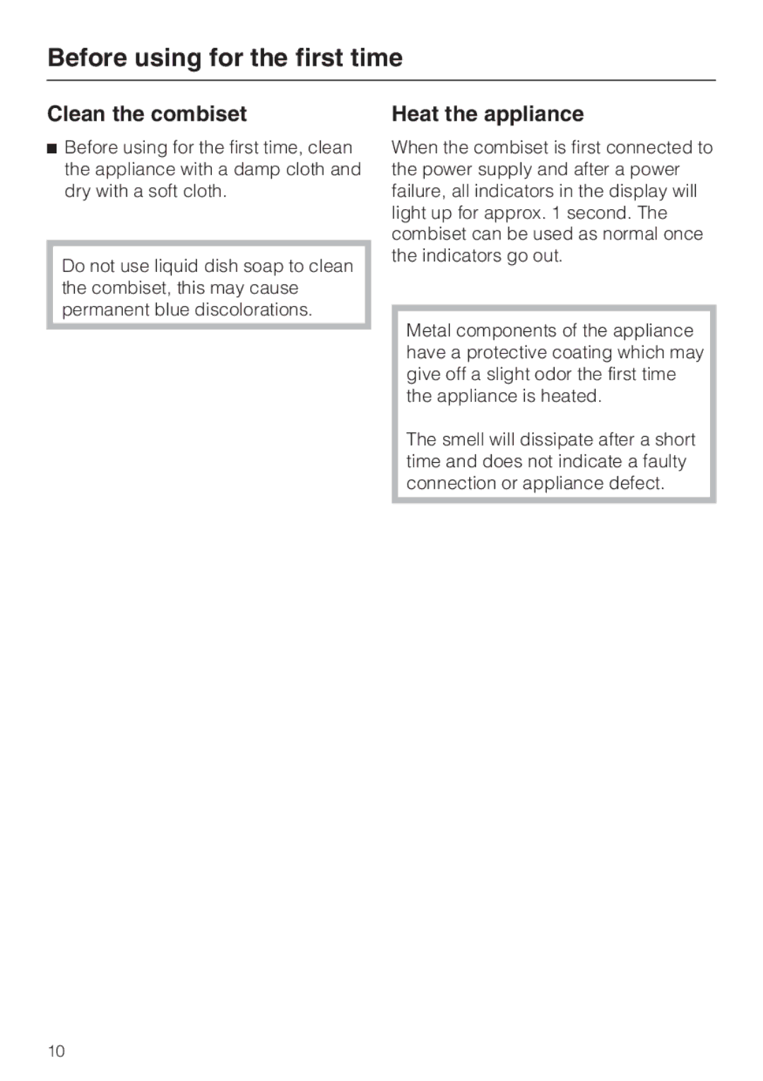 Miele CS1221 installation instructions Before using for the first time, Clean the combiset, Heat the appliance 