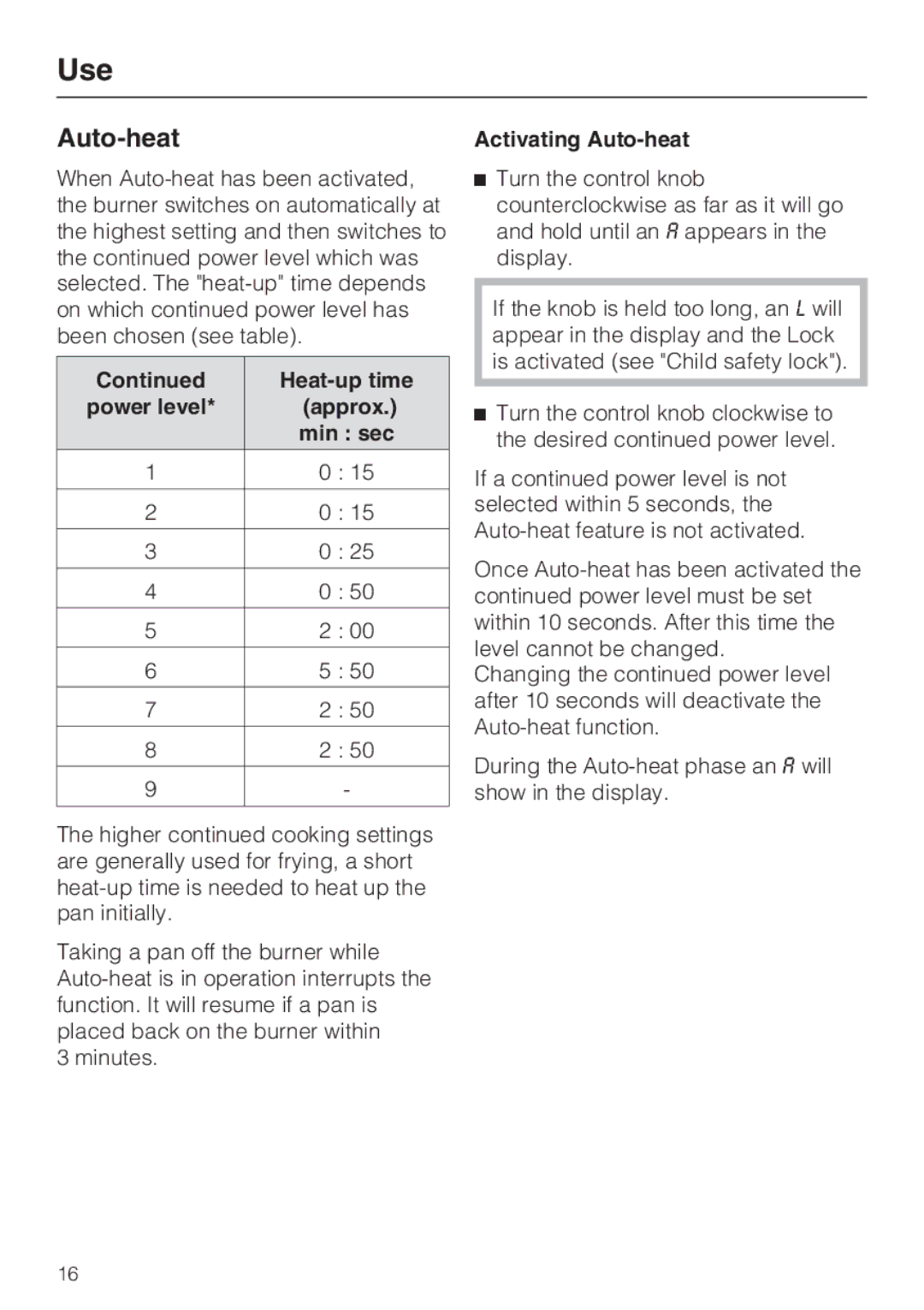 Miele CS1221 installation instructions Heat-up time, Approx, Min sec, Activating Auto-heat 