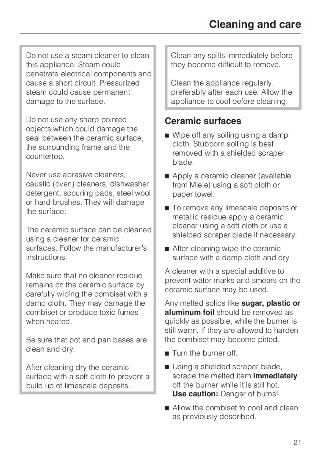 Miele CS1221 installation instructions Cleaning and care, Ceramic surfaces 