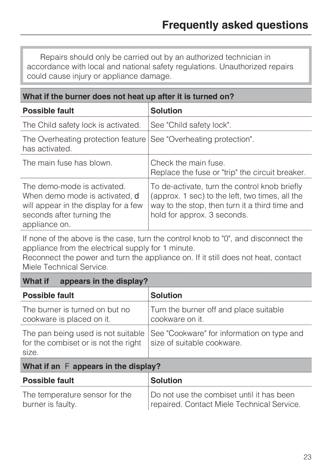 Miele CS1221 Frequently asked questions, What if ß appears in the display? Possible fault Solution 