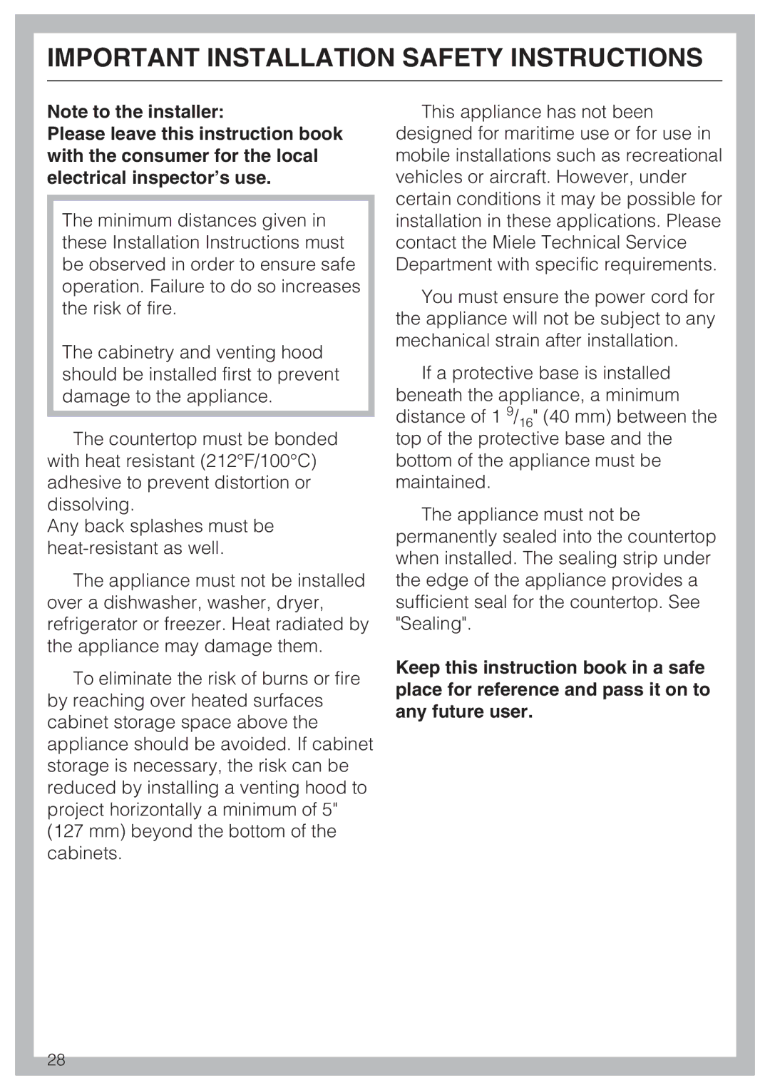 Miele CS1221 installation instructions Important Installation Safety Instructions 