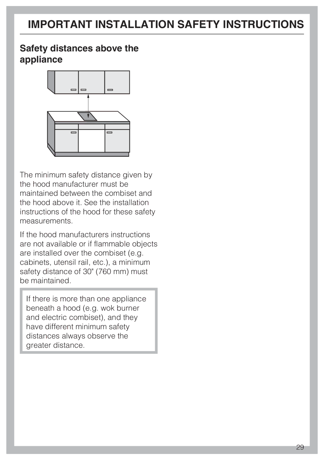 Miele CS1221 installation instructions Safety distances above the appliance 