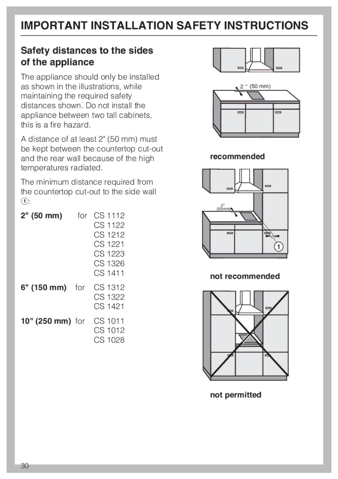 Miele CS1221 installation instructions Safety distances to the sides of the appliance 