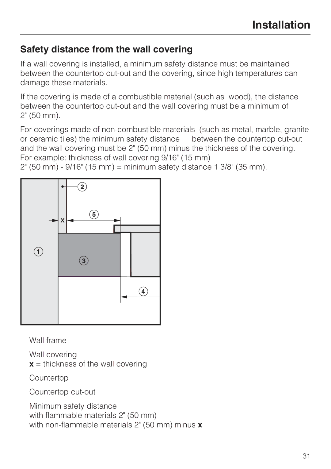 Miele CS1221 installation instructions Installation, Safety distance from the wall covering 