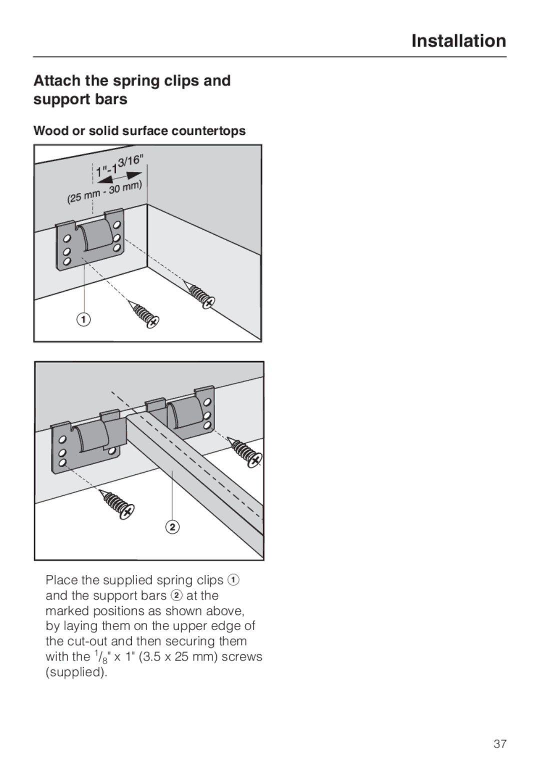 Miele CS1221 installation instructions Attach the spring clips and support bars, Wood or solid surface countertops 