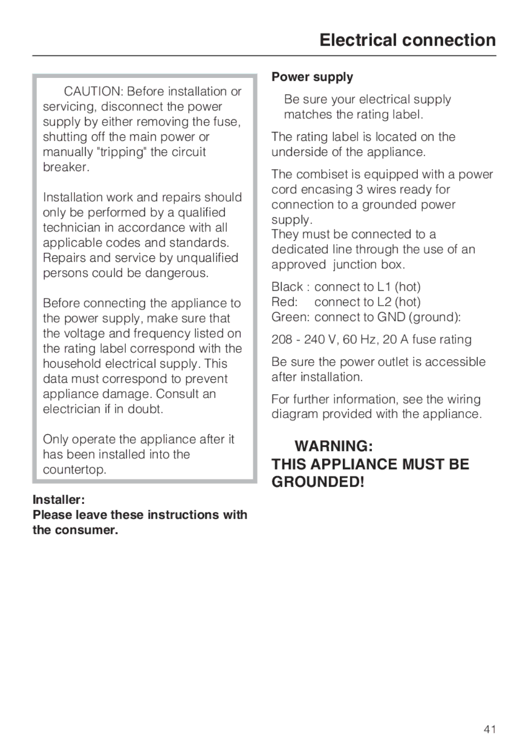 Miele CS1221 installation instructions Electrical connection 