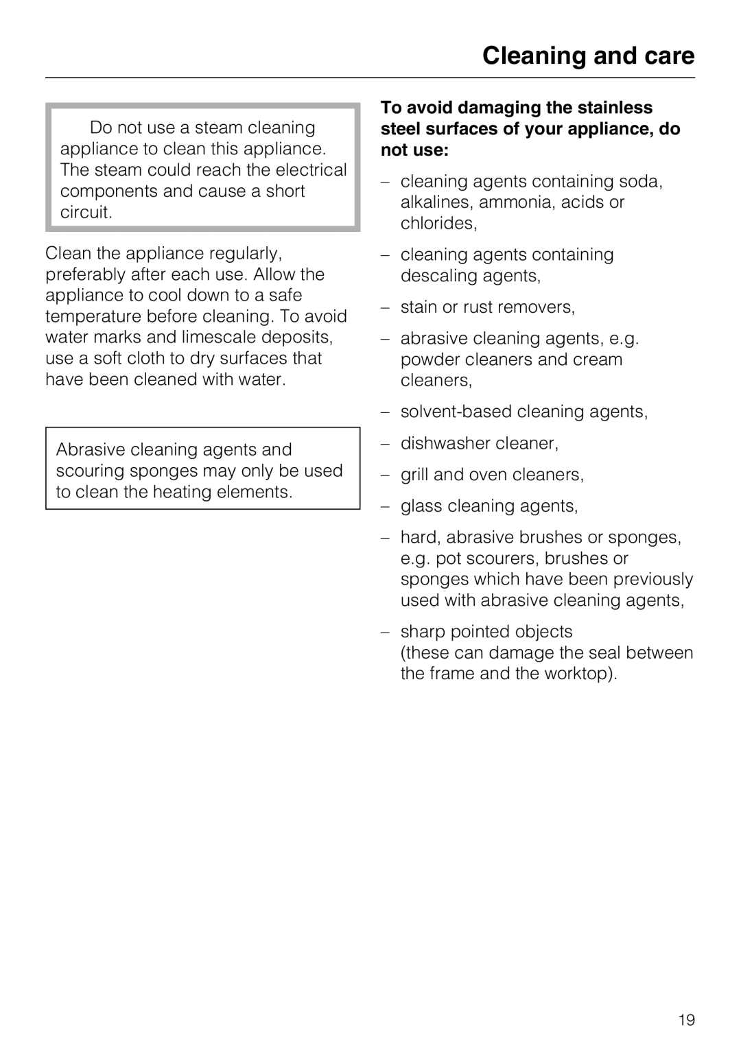 Miele CS1312, CS1322 installation instructions Cleaning and care 