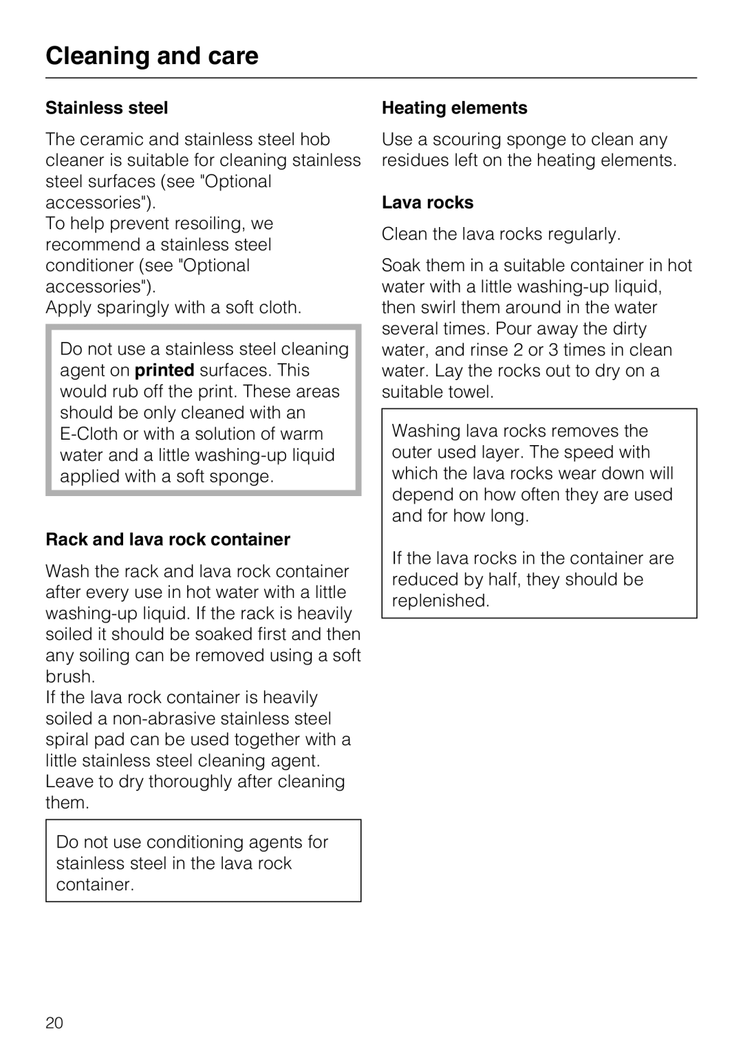 Miele CS1322, CS1312 installation instructions Stainless steel, Rack and lava rock container, Heating elements, Lava rocks 