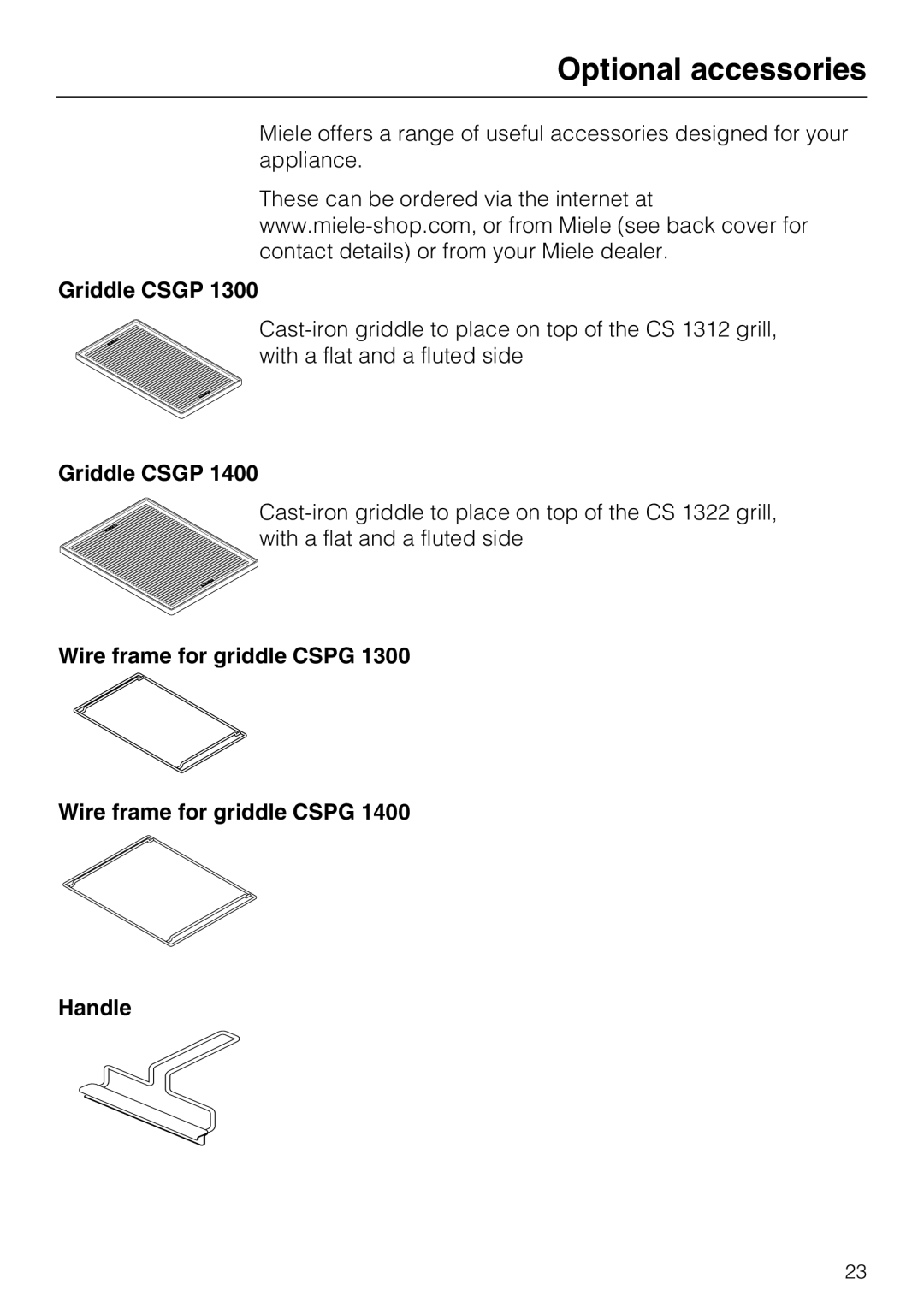 Miele CS1312, CS1322 installation instructions Optional accessories, Griddle Csgp, Wire frame for griddle Cspg Handle 