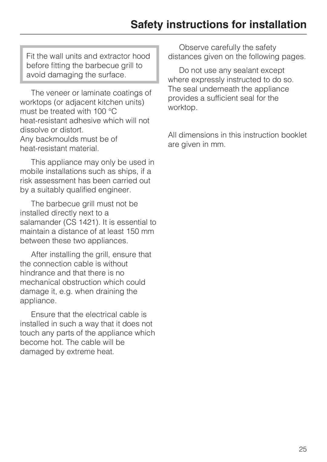 Miele CS1312, CS1322 installation instructions Safety instructions for installation 