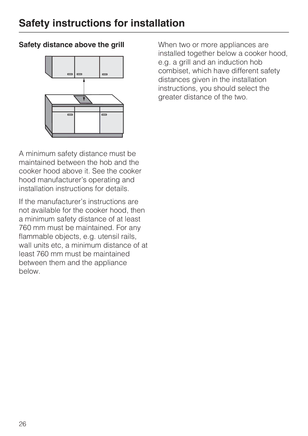 Miele CS1322, CS1312 installation instructions Safety distance above the grill 