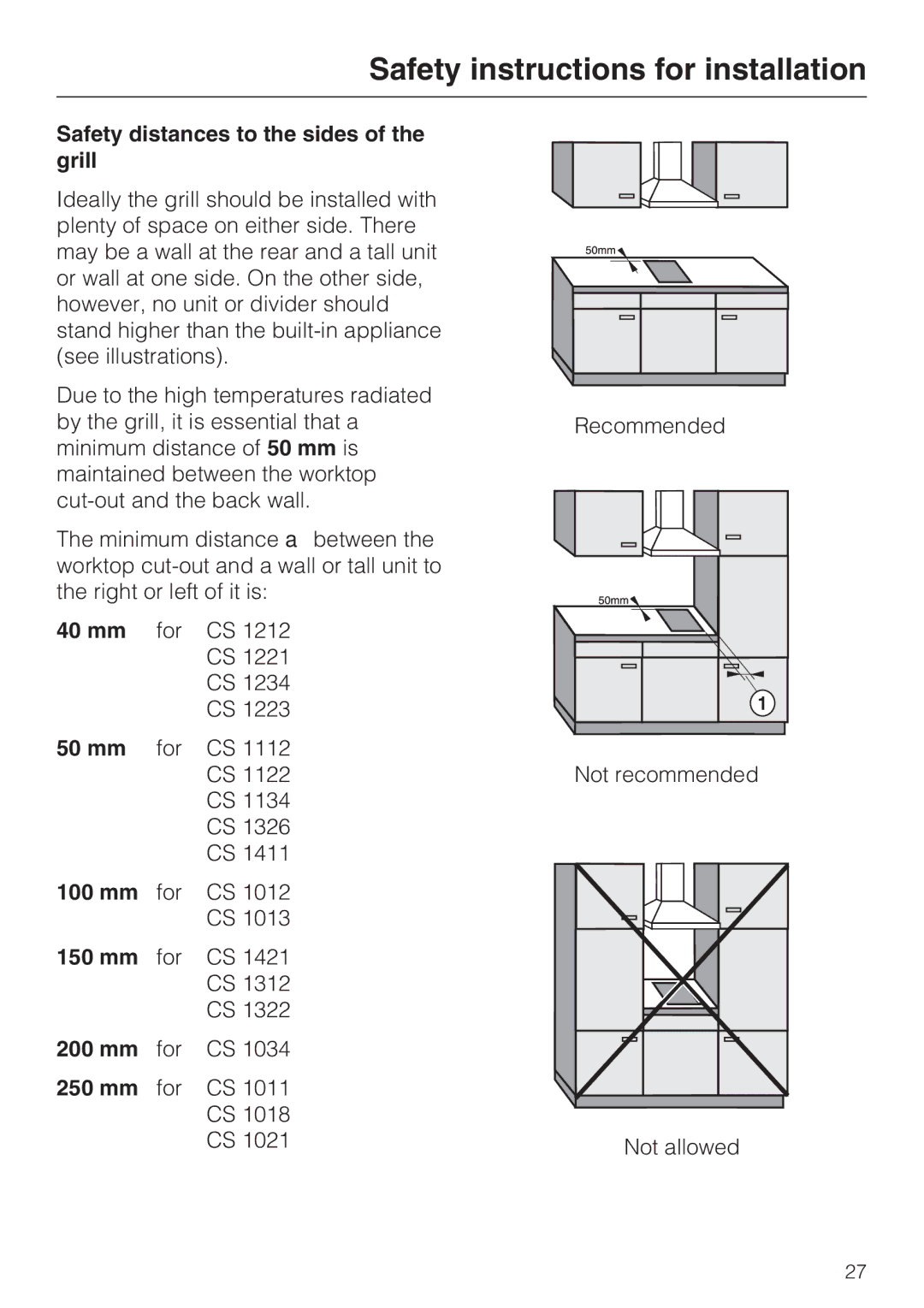 Miele CS1312, CS1322 Safety distances to the sides of the grill, 40 mm, 100 mm, 150 mm, 200 mm, 250 mm 