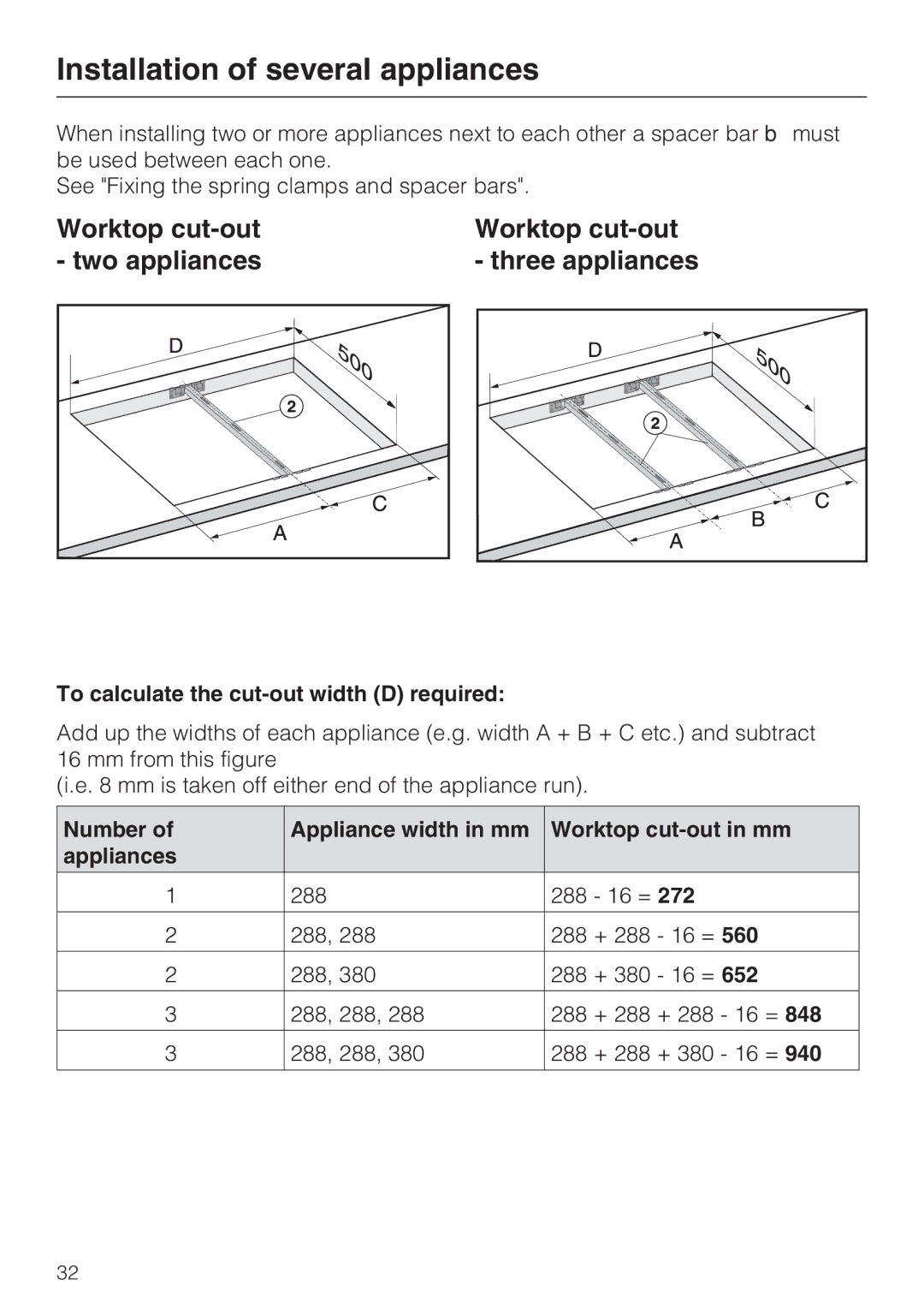 Miele CS1322, CS1312 Installation of several appliances, Worktop cut-out two appliances Three appliances 