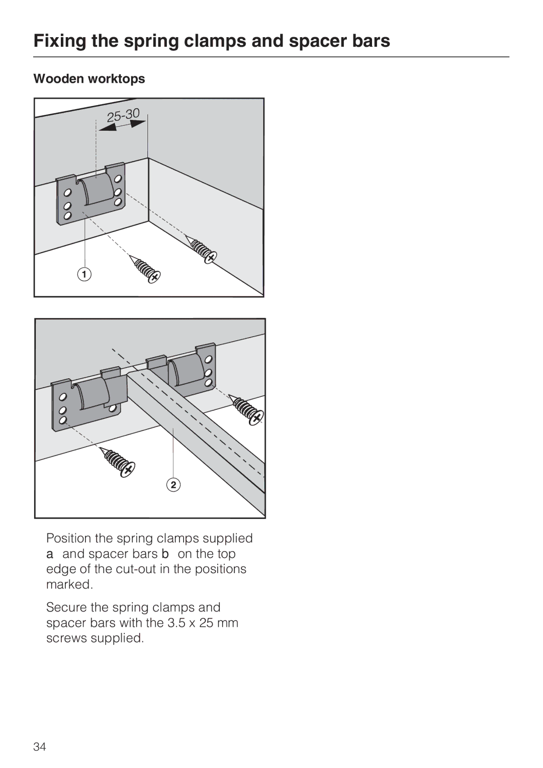 Miele CS1322, CS1312 installation instructions Fixing the spring clamps and spacer bars, Wooden worktops 